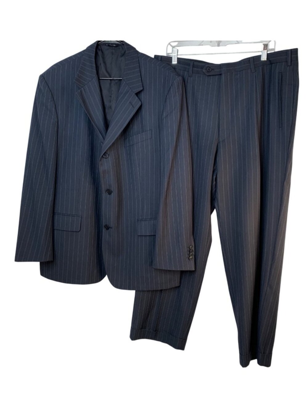 Mario Rossi Mens Navy Pinstripe  44S Suit Super 120s GUC Pleats Cuffed 3 Button